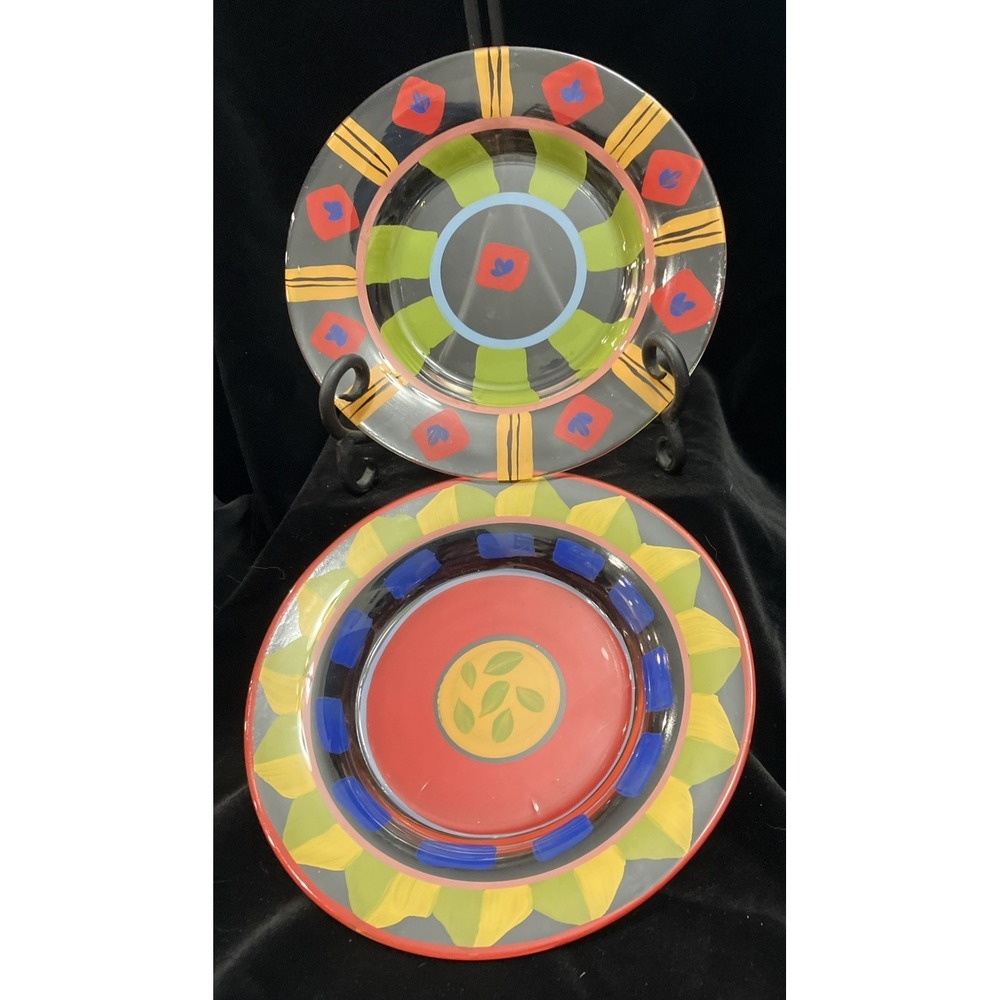 Clear Art Glass Hand Painted Vibrant Colorful Display or Dinner Plates Set of 2
